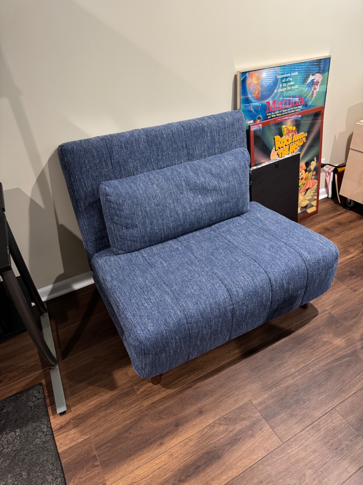 Convertible Chair Sleeper Fold-Out Bed Blue Tweed Armless w/ Pillow