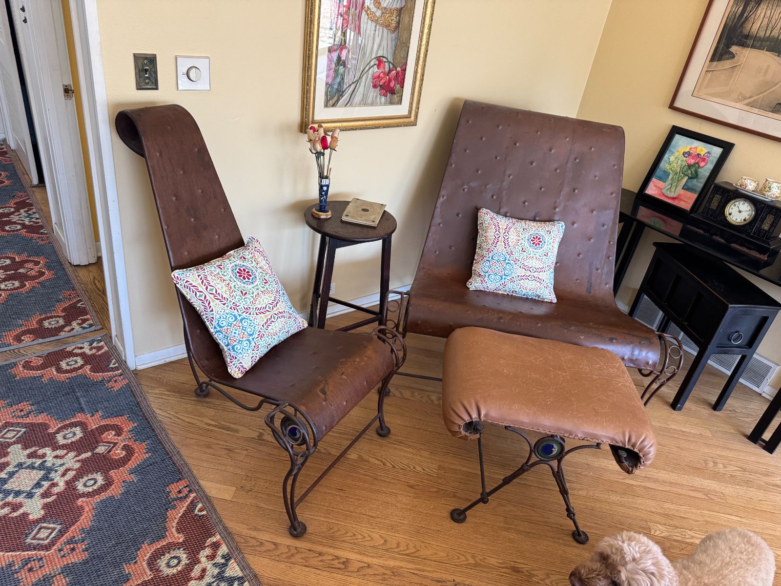 Wrought Iron & Leather Scroll Chairs + Ottoman, Set of 3 photo 2