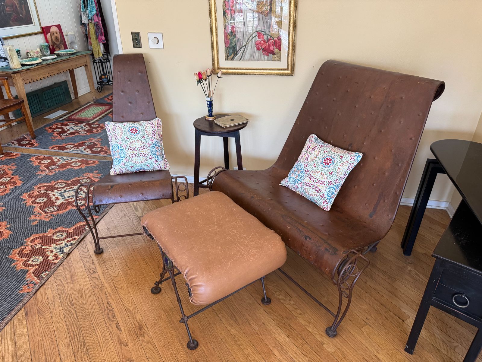 Wrought Iron & Leather Scroll Chairs + Ottoman, Set of 3