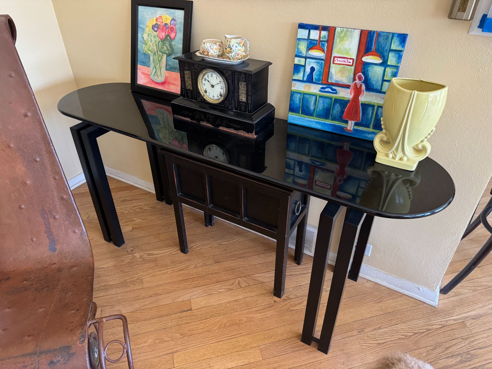 Black Glass Top Console Table, ~60"