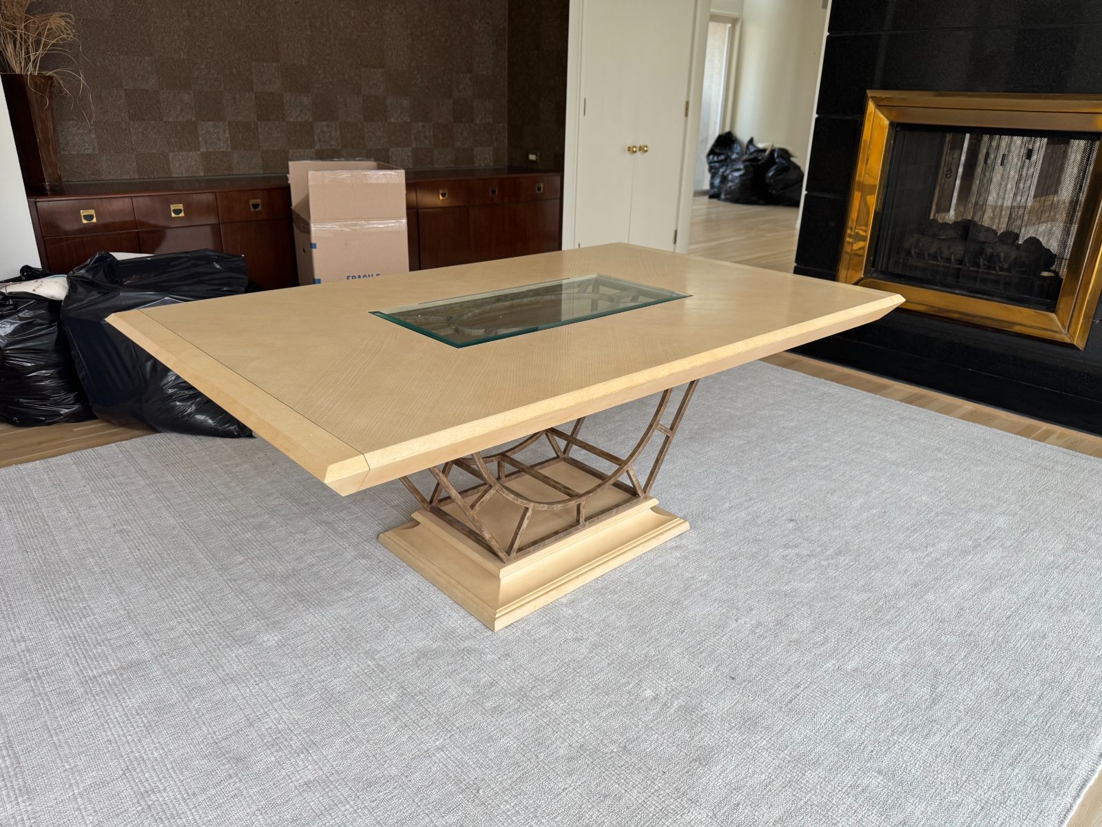 Large Designer Dining Table, Glass Insert & Pedestal Base